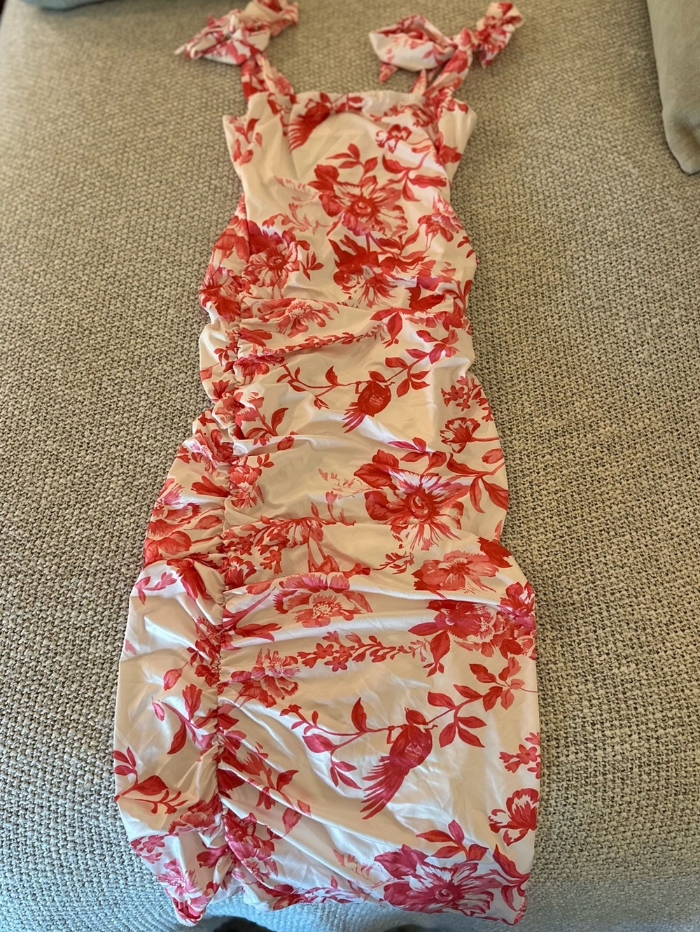 Floral Tie-Shoulder Midi Dress in Cream and Red